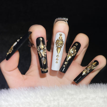 Handmade Phototherapy Wearing White Pure Black Queen Scepter Lady Sense handmade press on nails Art Black Temperament | 365nails