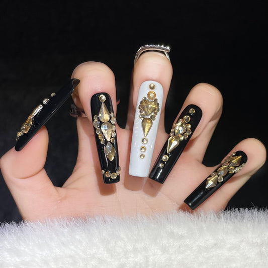 Handmade Phototherapy Wearing White Pure Black Queen Scepter Lady Sense handmade press on nails Art Black Temperament | 365nails