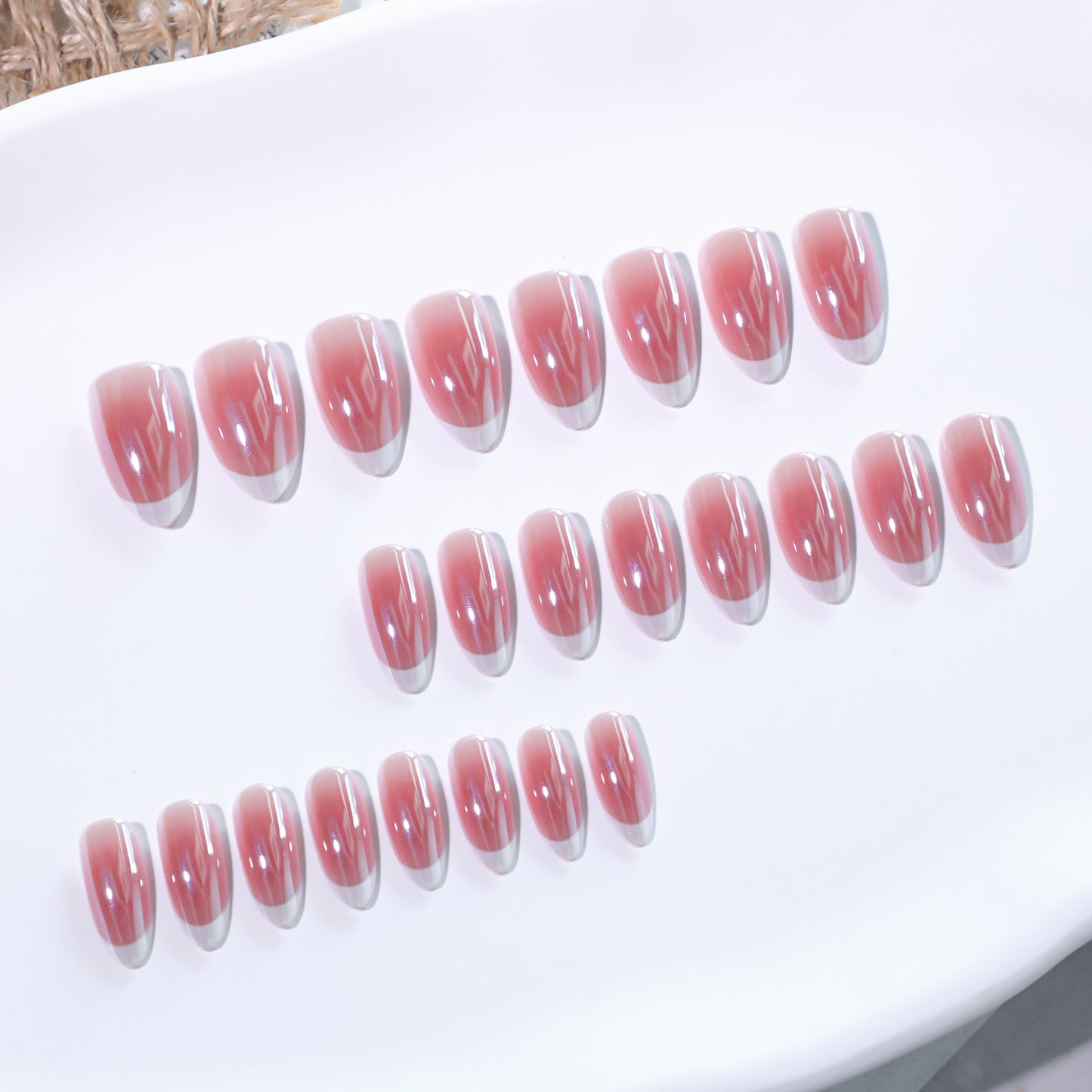 Light red smudge blush press on nails coating French white press on nails piece almond nail art fake nail wholesale｜365nails