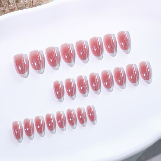 Light red smudge blush press on nails coating French white press on nails piece almond nail art fake nail wholesale｜365nails