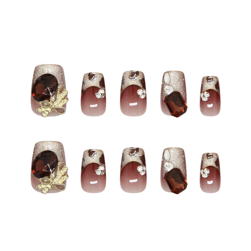 Nail Tips  prefabricated nail burgundy pigeon egg burst diamond metal bow cat eye leopard print French diamond ｜365nails