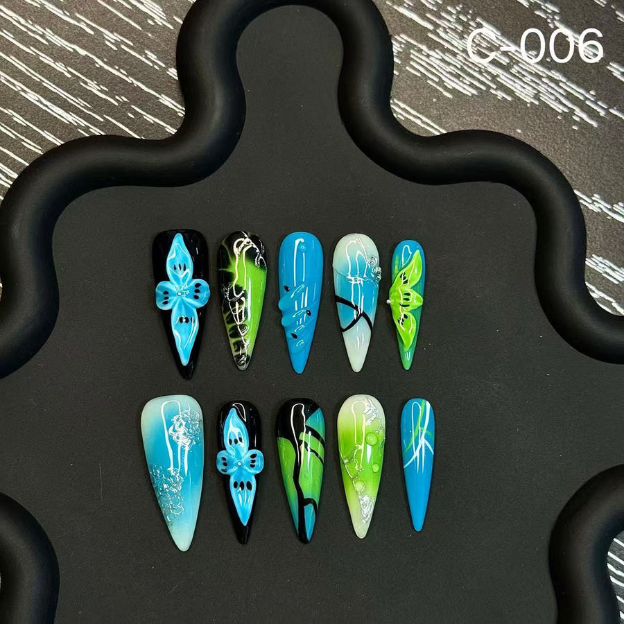 365nails: "Cyber Bloom" – 3D Butterfly Handmade Long Stiletto Nails