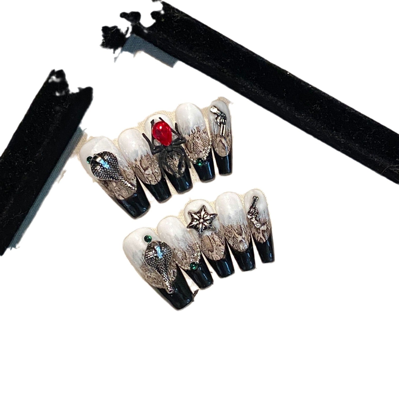 Unhas postiças artesanais da Western Regions Secret Realm, Tribo da Cobra, Diamante de Sangue, Manicure removível e reutilizável | 365nails