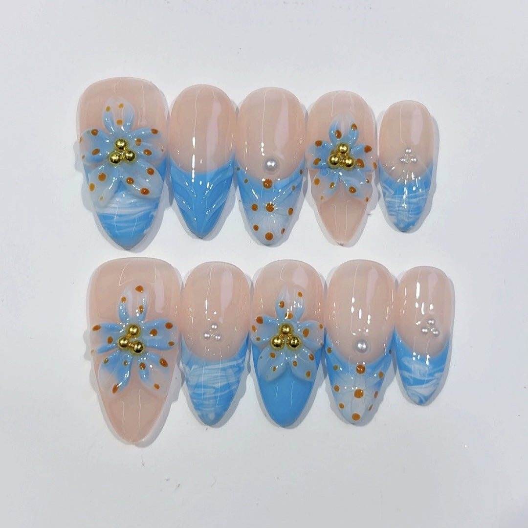 Ocean Bloom: "Blue Petal" – Medium Almond Handmade Press On Nails