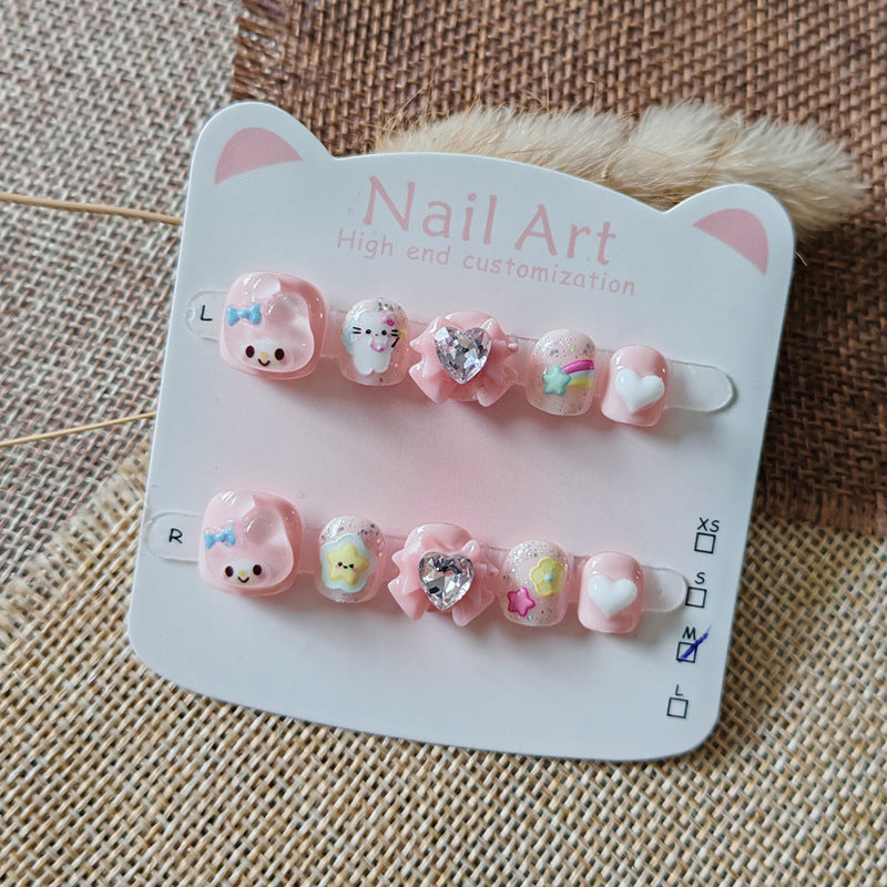365nails: "melodia rosa de coração doce" – unhas postiças curtas e largas feitas à mão para crianças