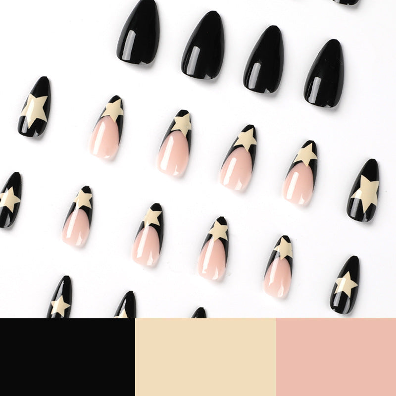 Wear armor Medium and long armor, French black edge milky white pentagram nail art, wear nail wholesale nails