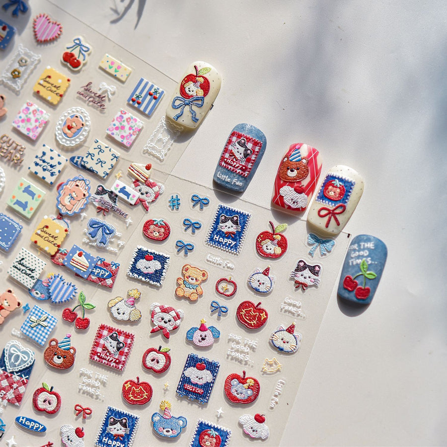 Stitched Teddy & Cherry 3D Nail Stickers – Retro Cottagecore Collection