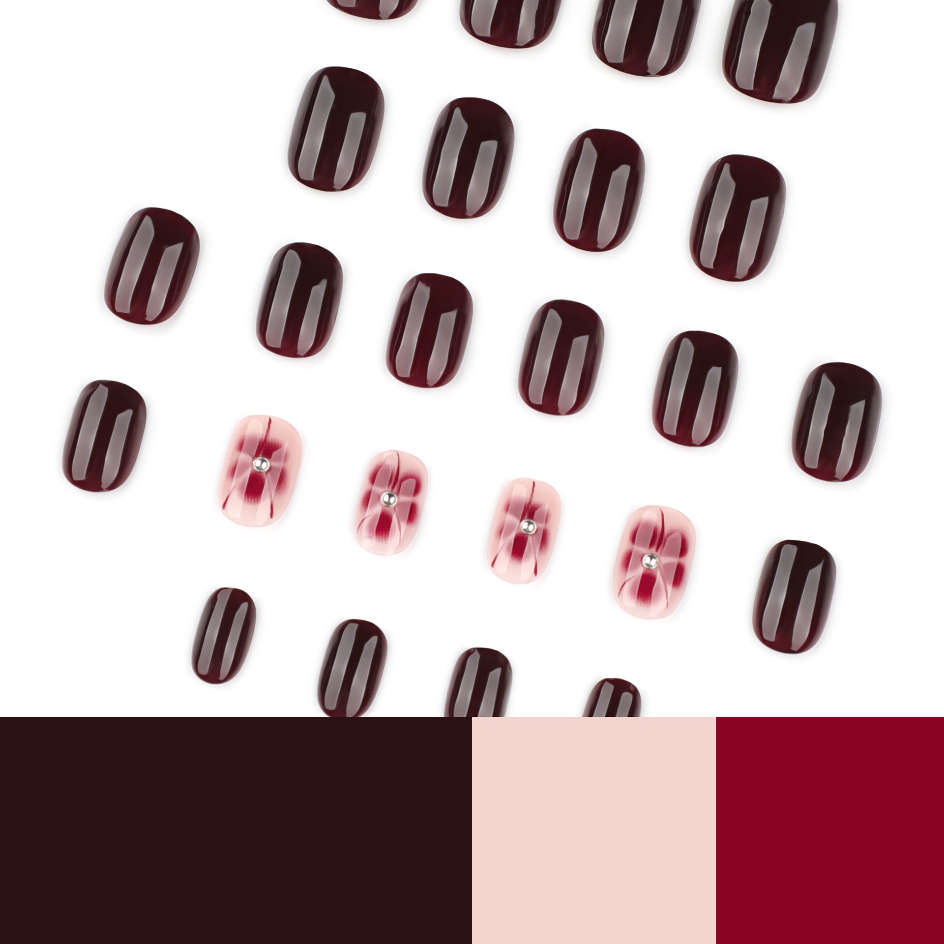 Elegant Burgundy Nails with Floral Accent Art