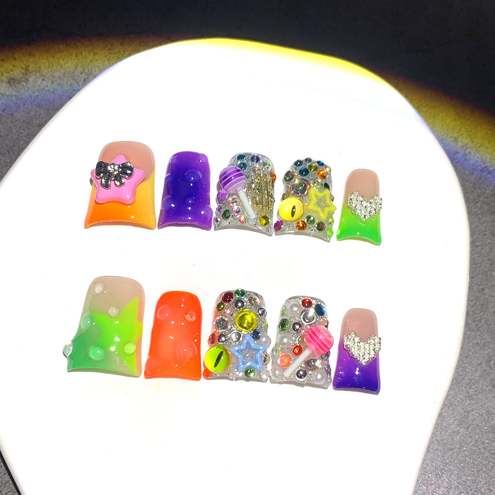 Neon Candy Star Crystal Short Press On Nails