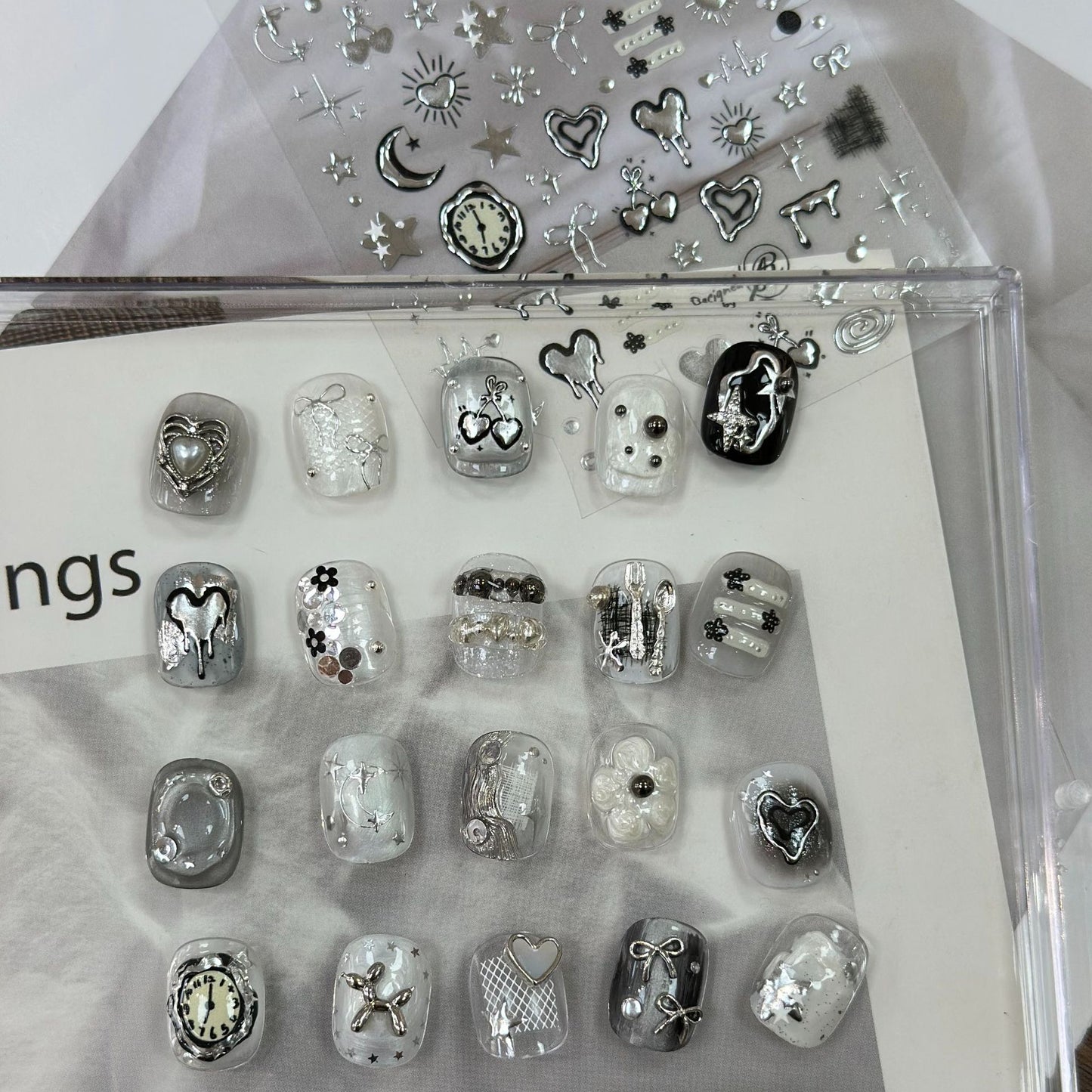 Silver Metallic Drip Heart Nail Stickers – Celestial Star Moon Clock Set