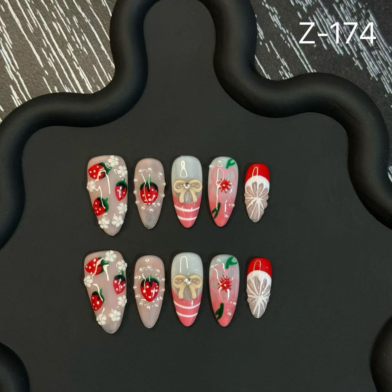365nails: "Strawberry Garden" – 3D Strawberry & Floral Handmade Long Almond Nails