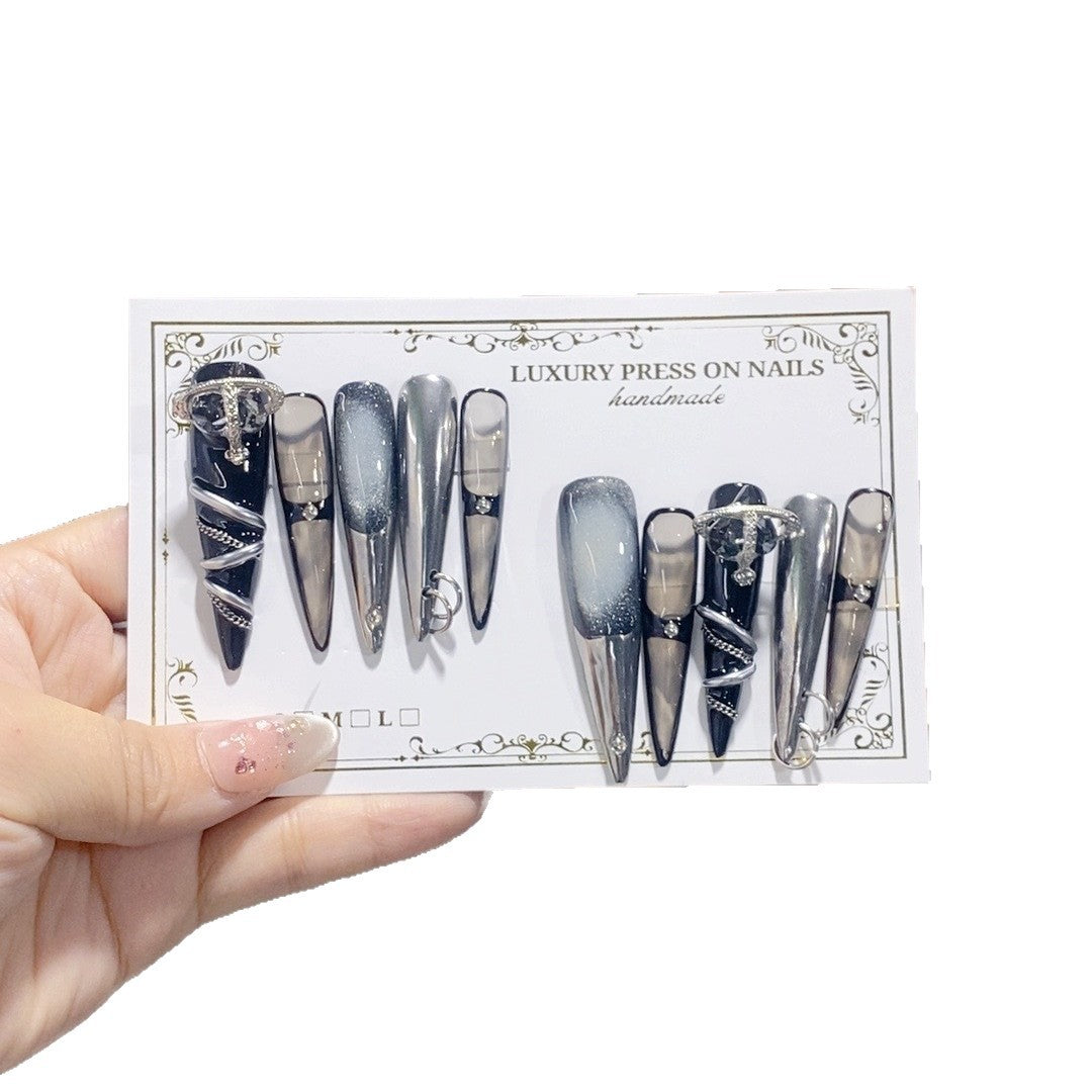 Black Silver Mechanical Chrome Gothic Statement Press On Nails
