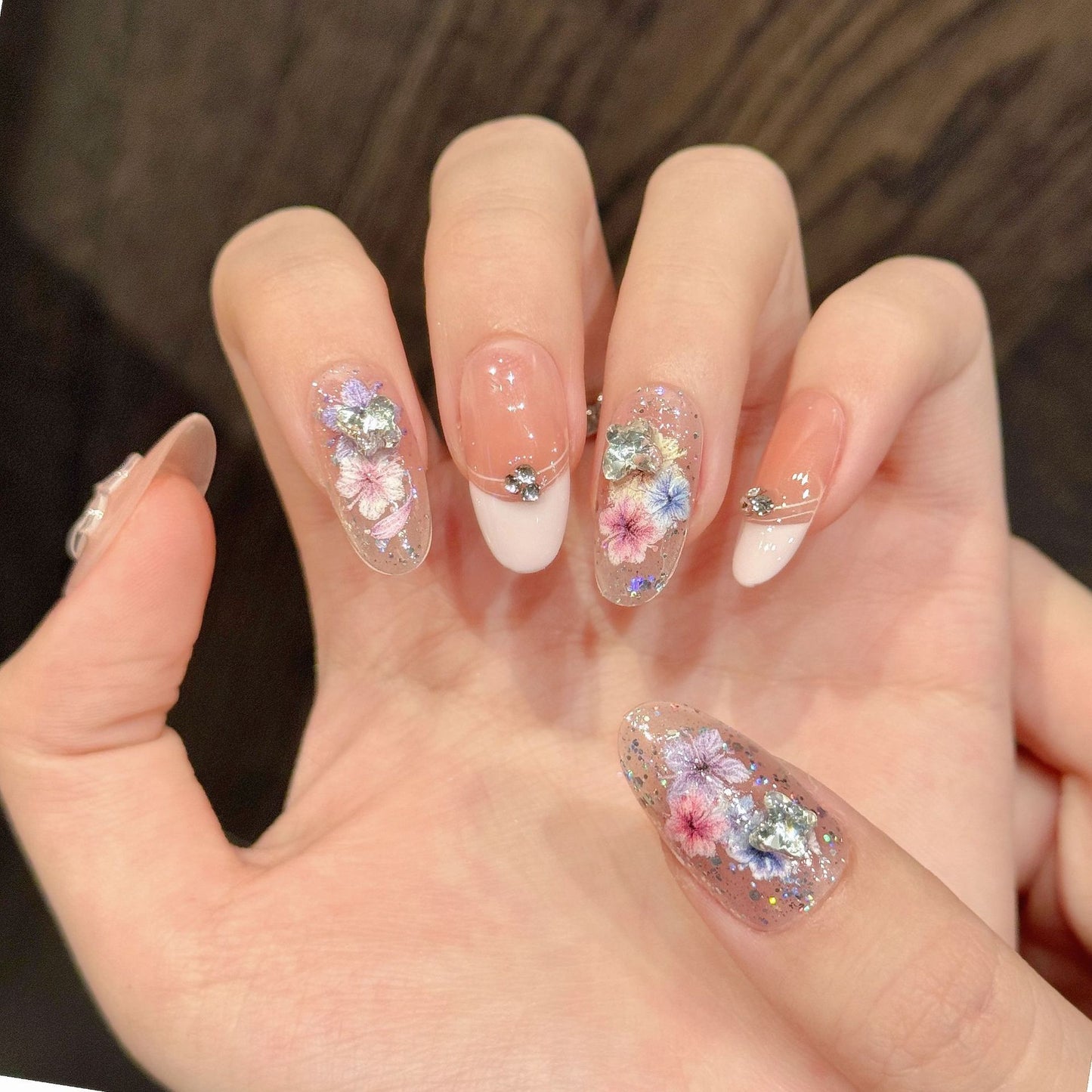 Pastel Floral Pink Glitter Handmade Press On Nails