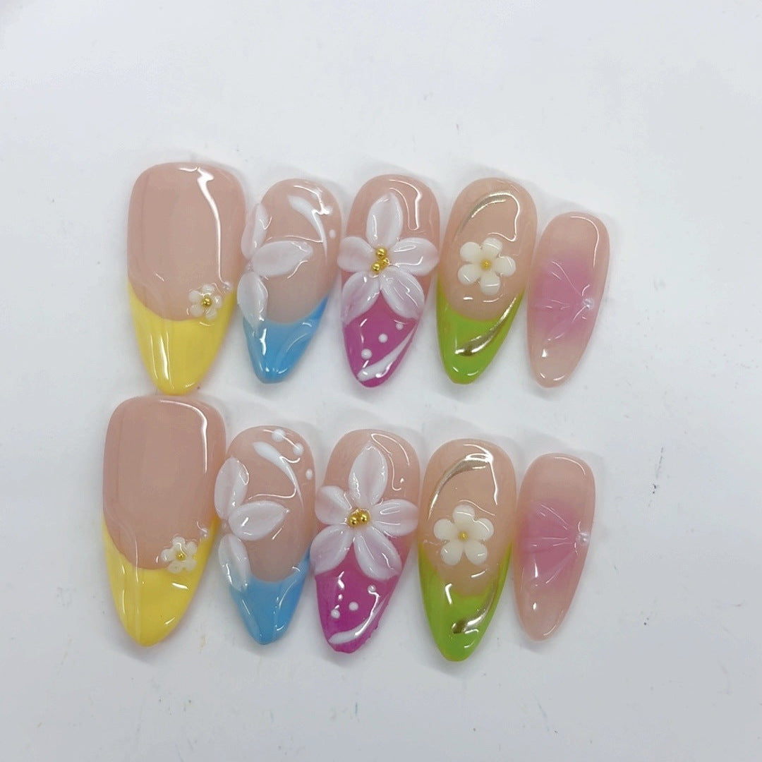 Pétale Pastel : « Murmure Floral Arc-en-Ciel » – Ongles press-on forme amande
