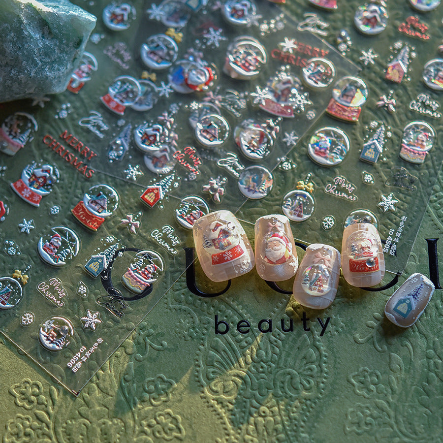 Christmas Snow Globe & Crystal Accent Nail Sticker Set – "Winter Wonderland Snow Globe"