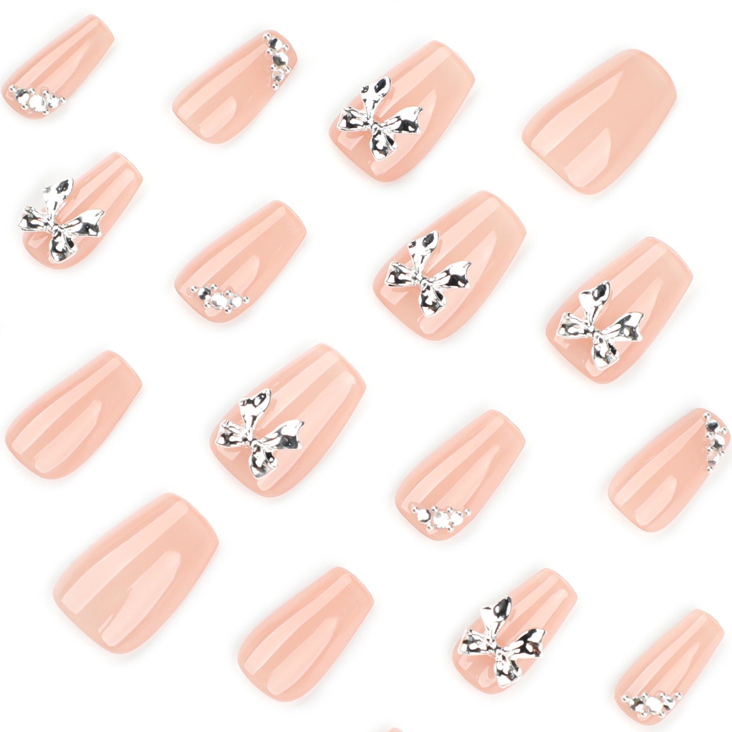 Nude Bow Accent Nails with Silver Crystal Details