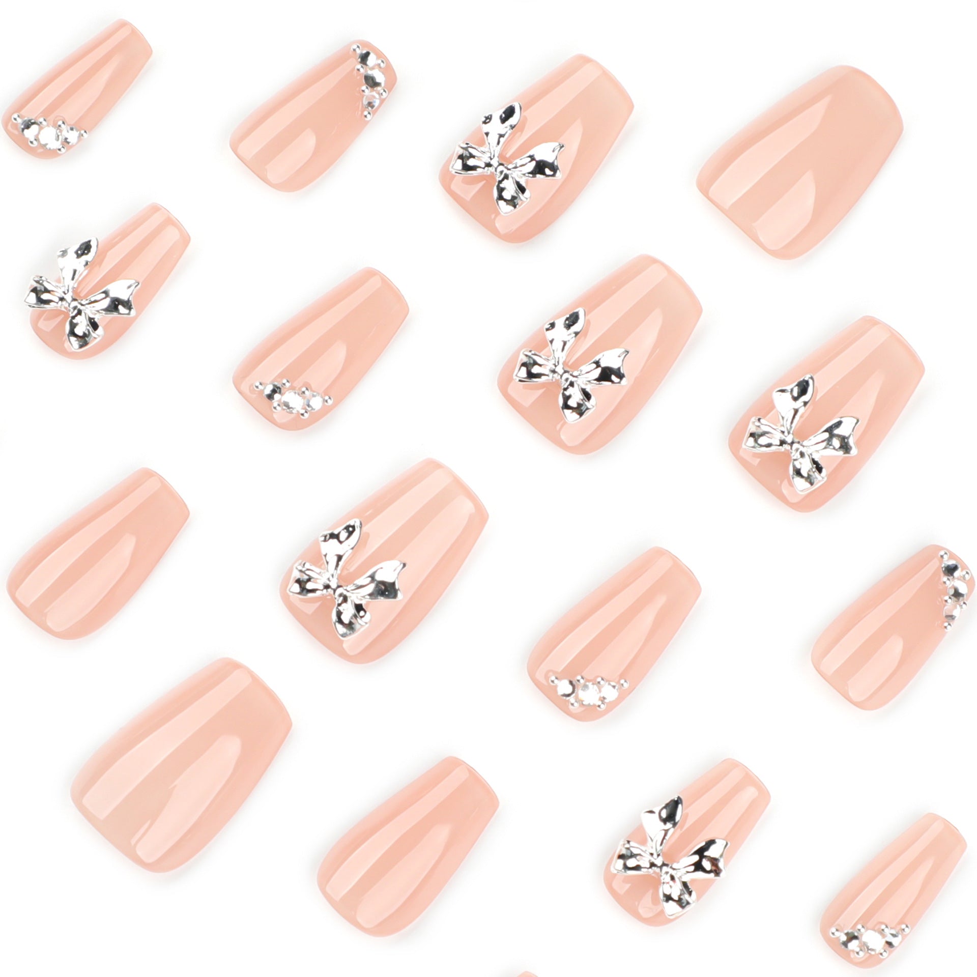 Nude Bow Accent Nails with Silver Crystal Details