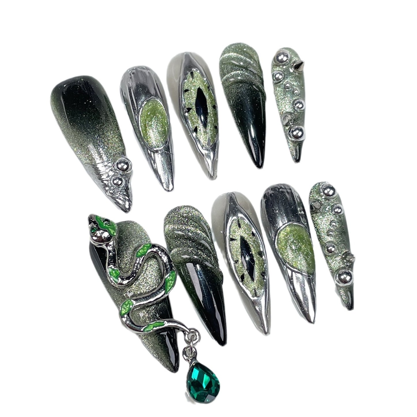 Long-pointed dark Slytherin Snake Academy Nail Art Punk Metal Wind Devil's Eye Handmade press on nails｜365nails