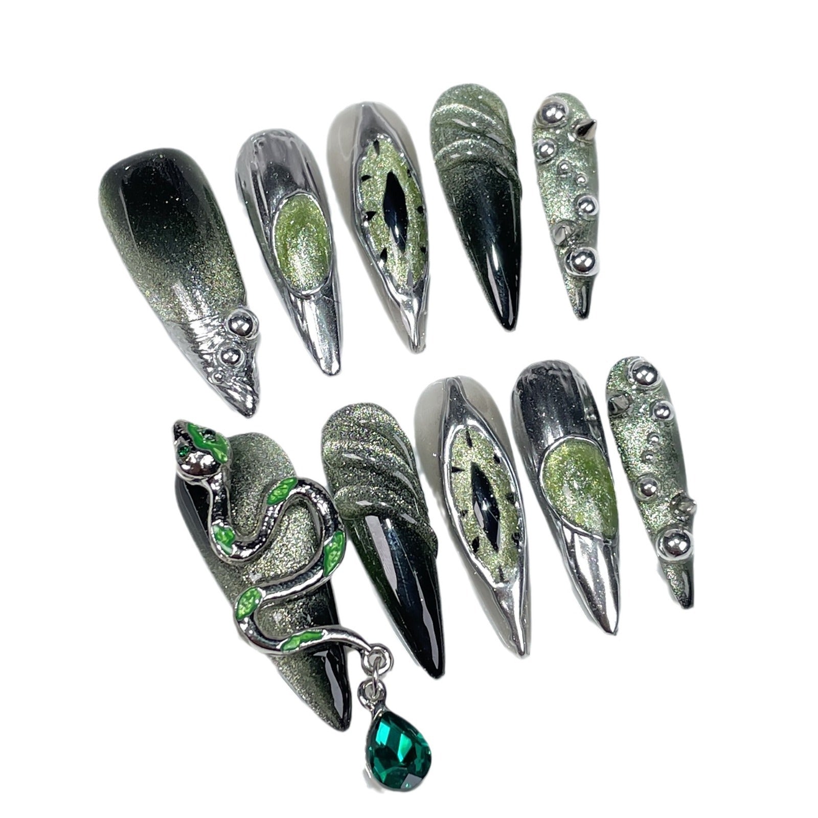 Edgy Press-On Nails with Green Chrome Accents and Snake Charm