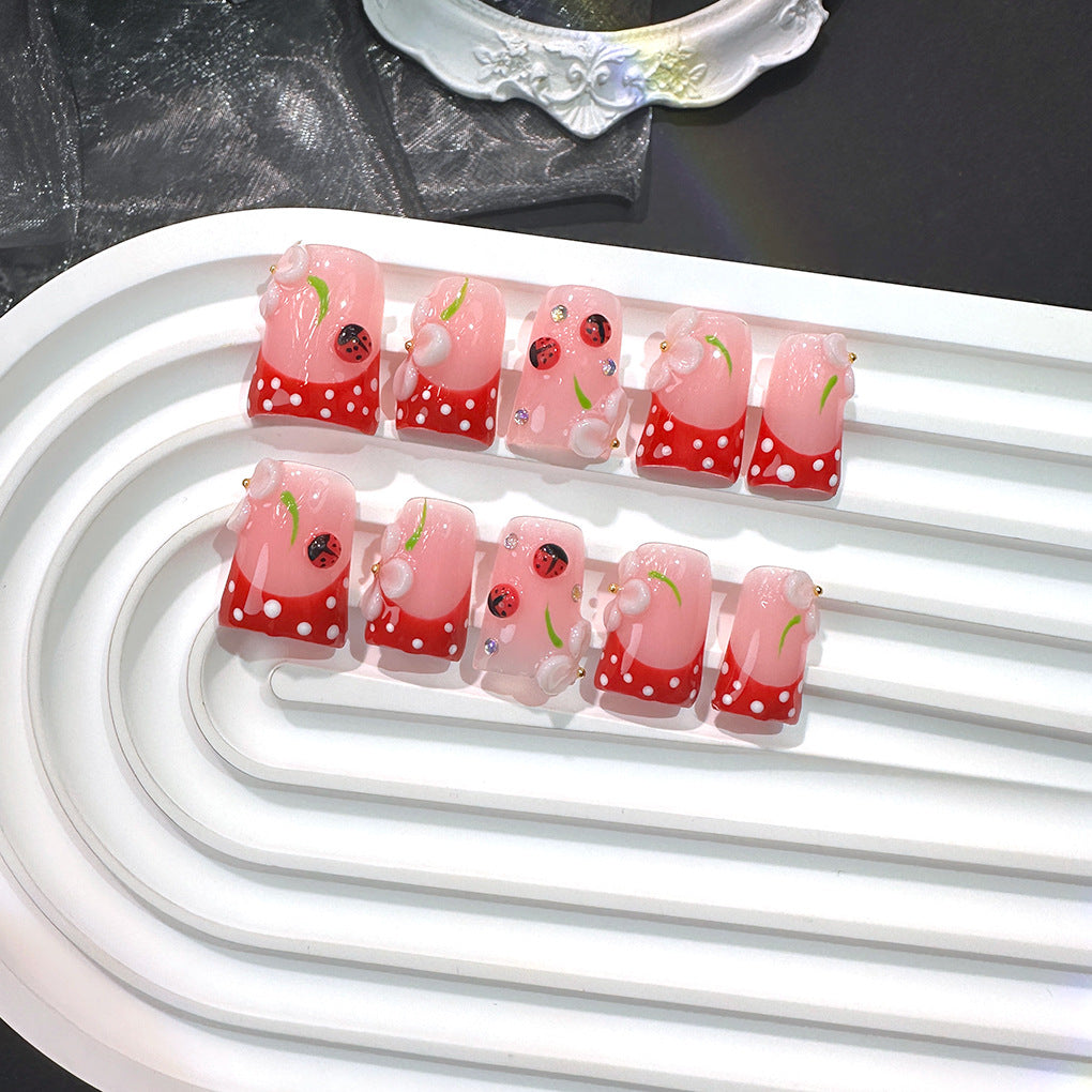 Red Polka Dot Nails with Ladybug and Cherry Details