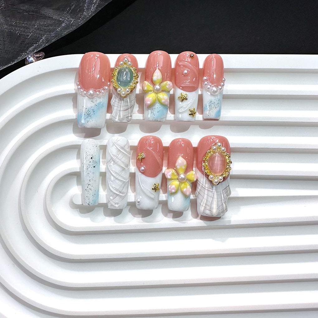 珍珠花卉海洋大理石法式穿戴甲