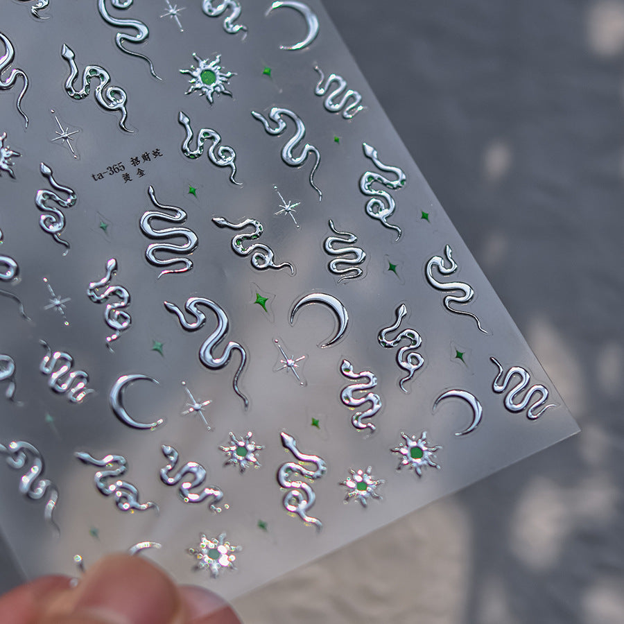 Silver Celestial Snake & Moon: "Mystic Celestial Serpent" – 5D Embossed Nail Sticker