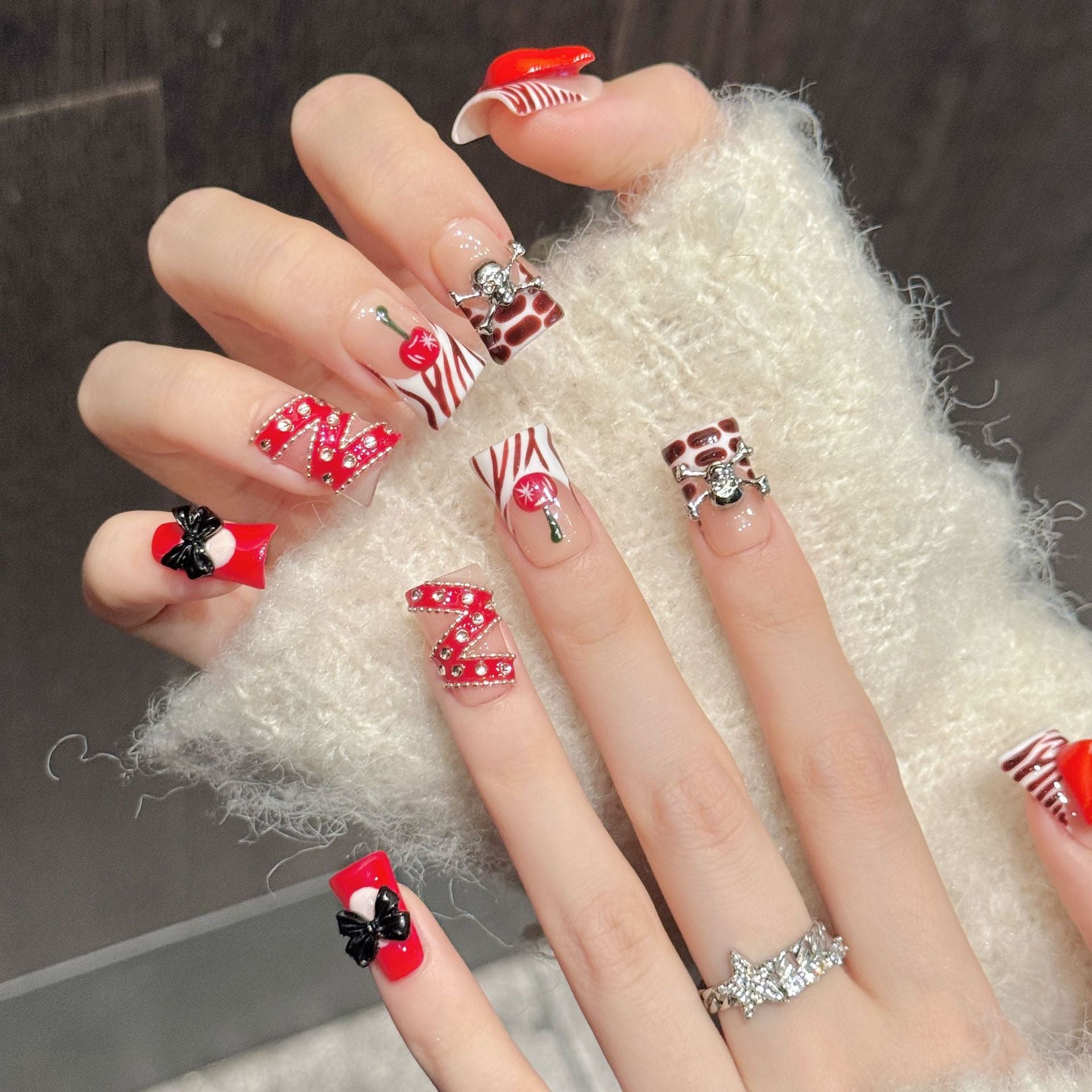 Red Lip Cherry Bow Duckbill Press On Nails