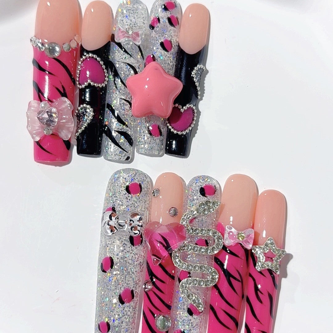 Pink Glitter Zebra Star Press On Nail Set
