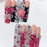 Pink Glitter Zebra Star Press On Nail Set