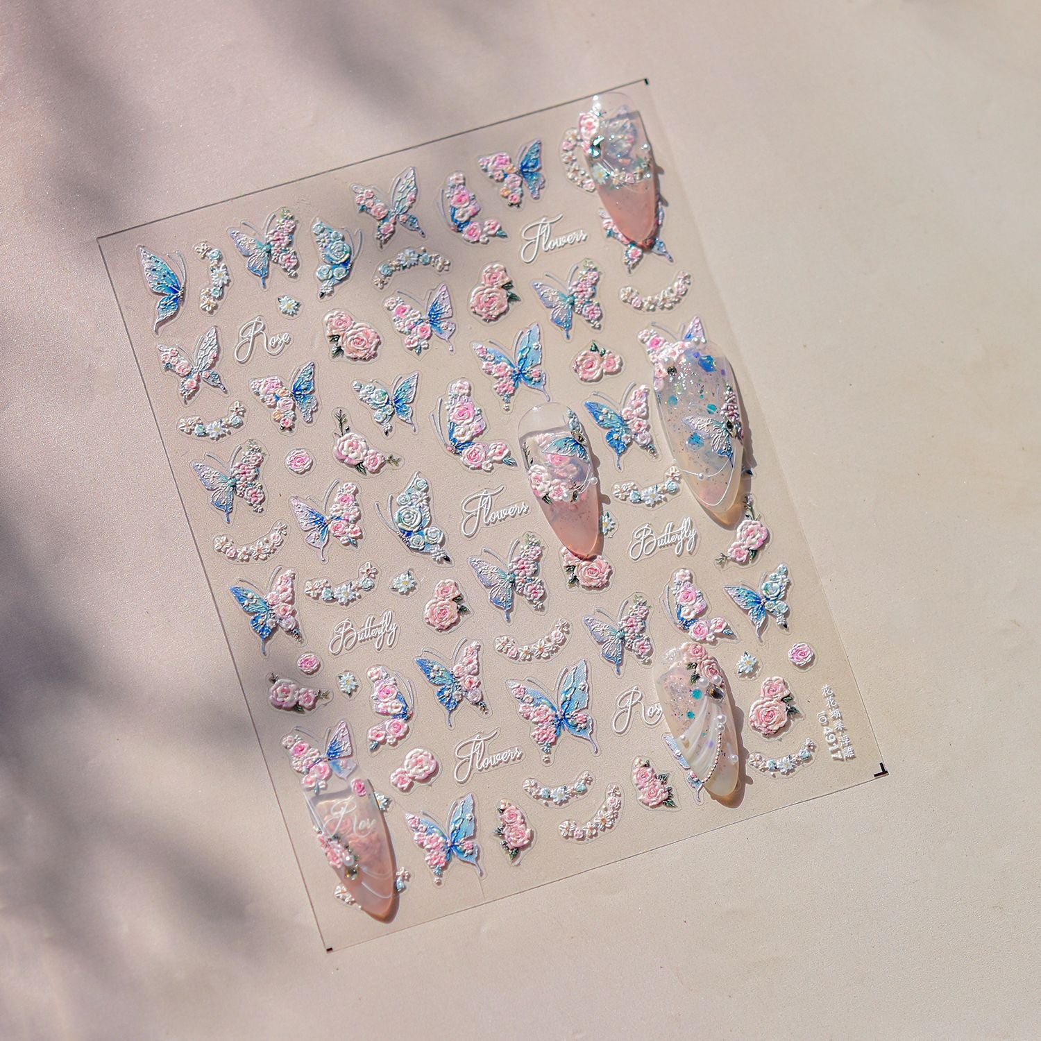 365nails: "Holographic Blue Butterfly & Rose" – Nail Art Stickers