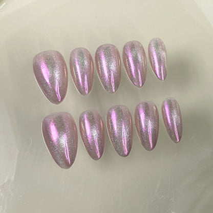 Almond nail simple flash cat eye nail art ice through short handmade press-on nails factory wholesale｜365nails