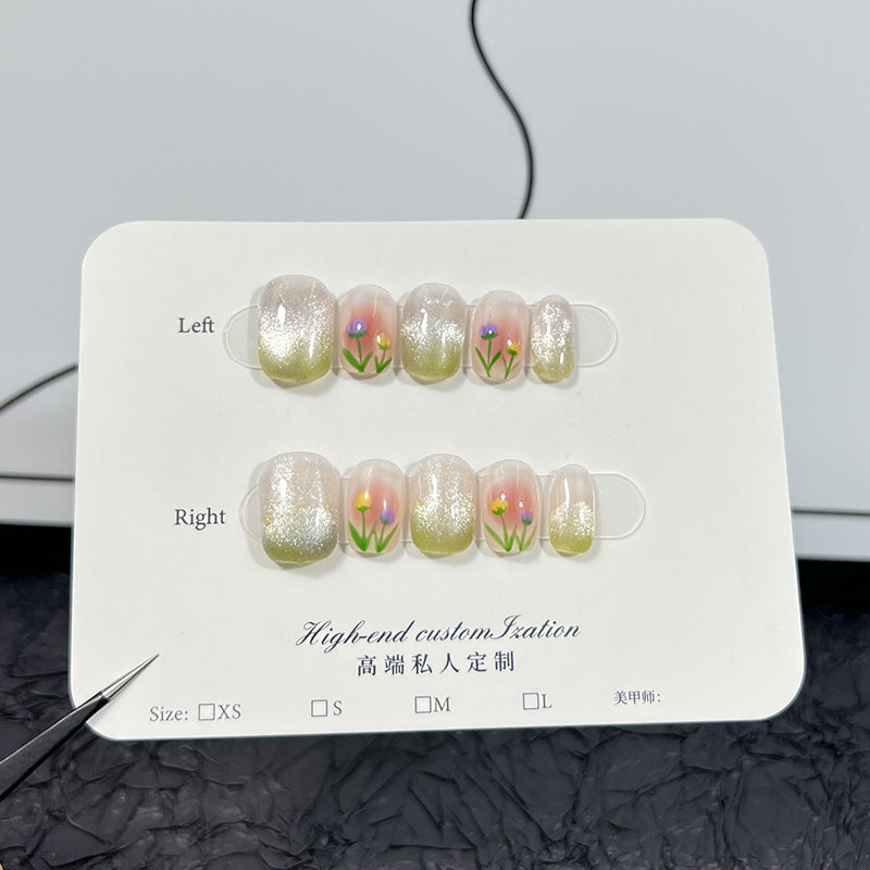 Uñas postizas de tulipán pintadas a mano, pequeñas y frescas, de edición limitada de primavera, con diseño de ojo de gato, uñas postizas hechas a mano, uñas extraíbles al por mayor | 365nails