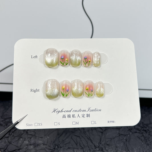 Spring limited small fresh hand-painted tulip press-on nails cat eye pure Handmade Press-on Nails removable nail wholesale｜365nails