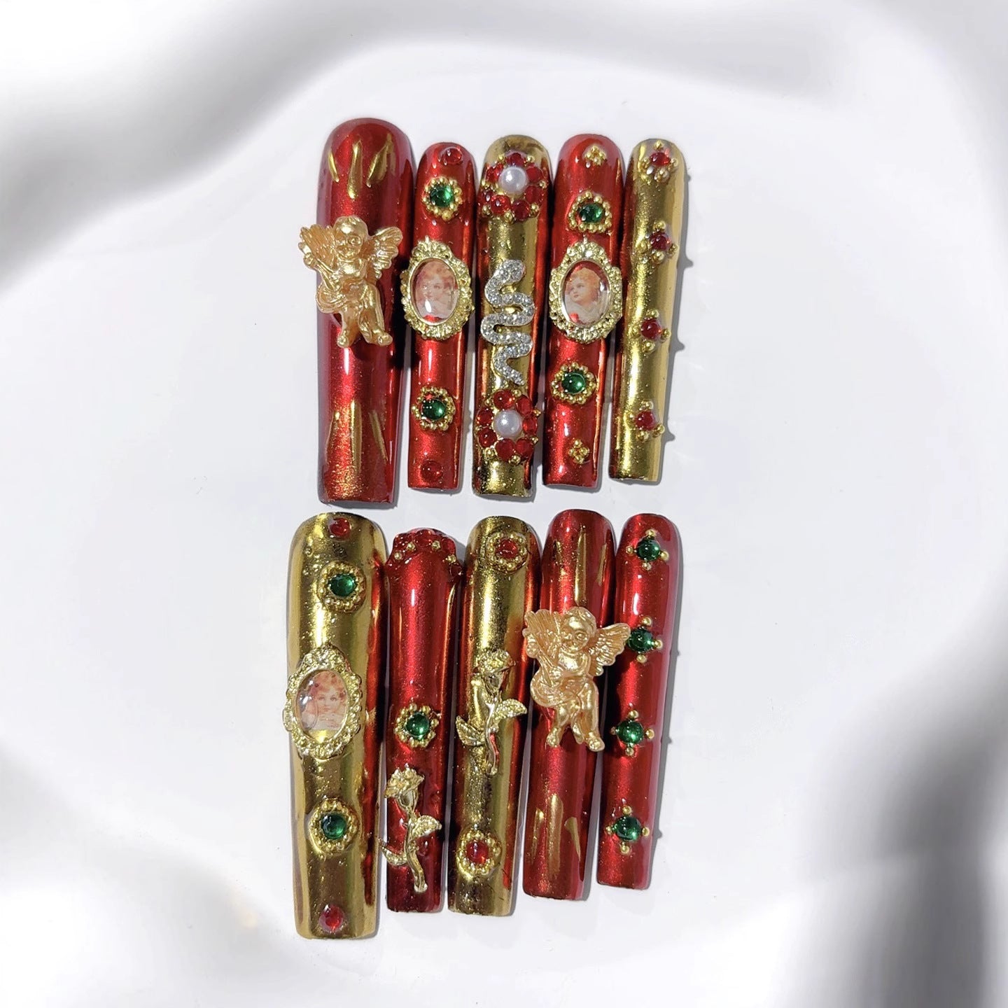 奢華紅金色超長款棺材形穿戴甲
