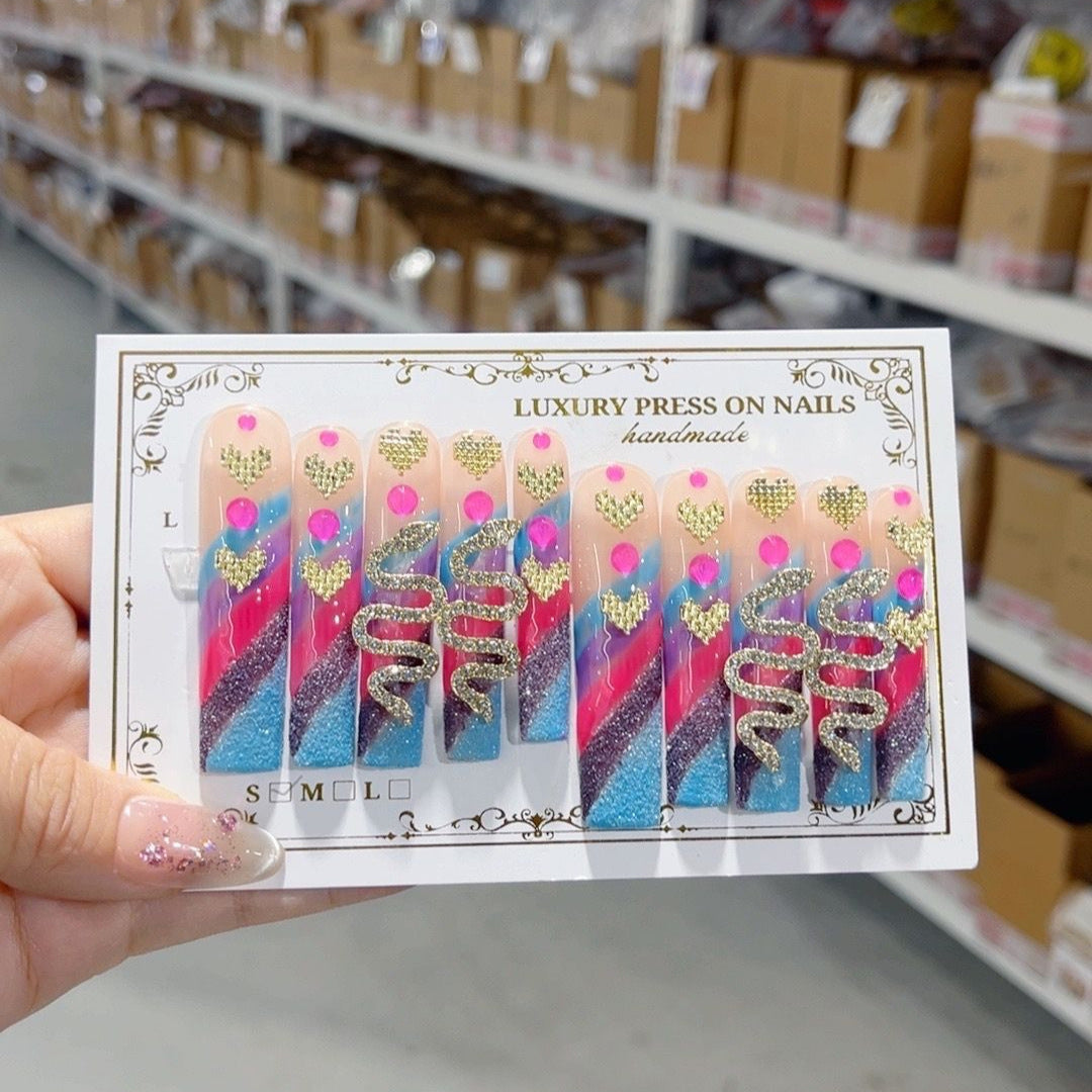 Colorful Gold Snake Extra Long Coffin Press On Nails