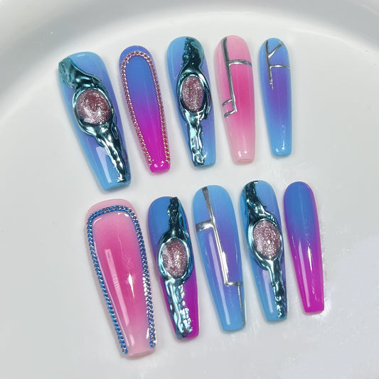 Handemade press on nails Grotesque Future Mechanical Wind Creative Hand Painted Sweet Cool Colorful Spice Girl Nail Art｜365nails