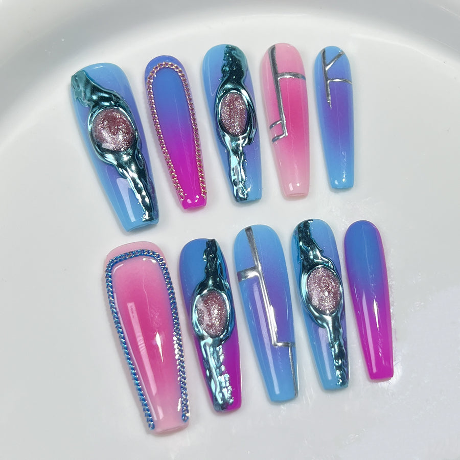 Futuristic Gradient Nails with Sculpted Metallic Tech Accents