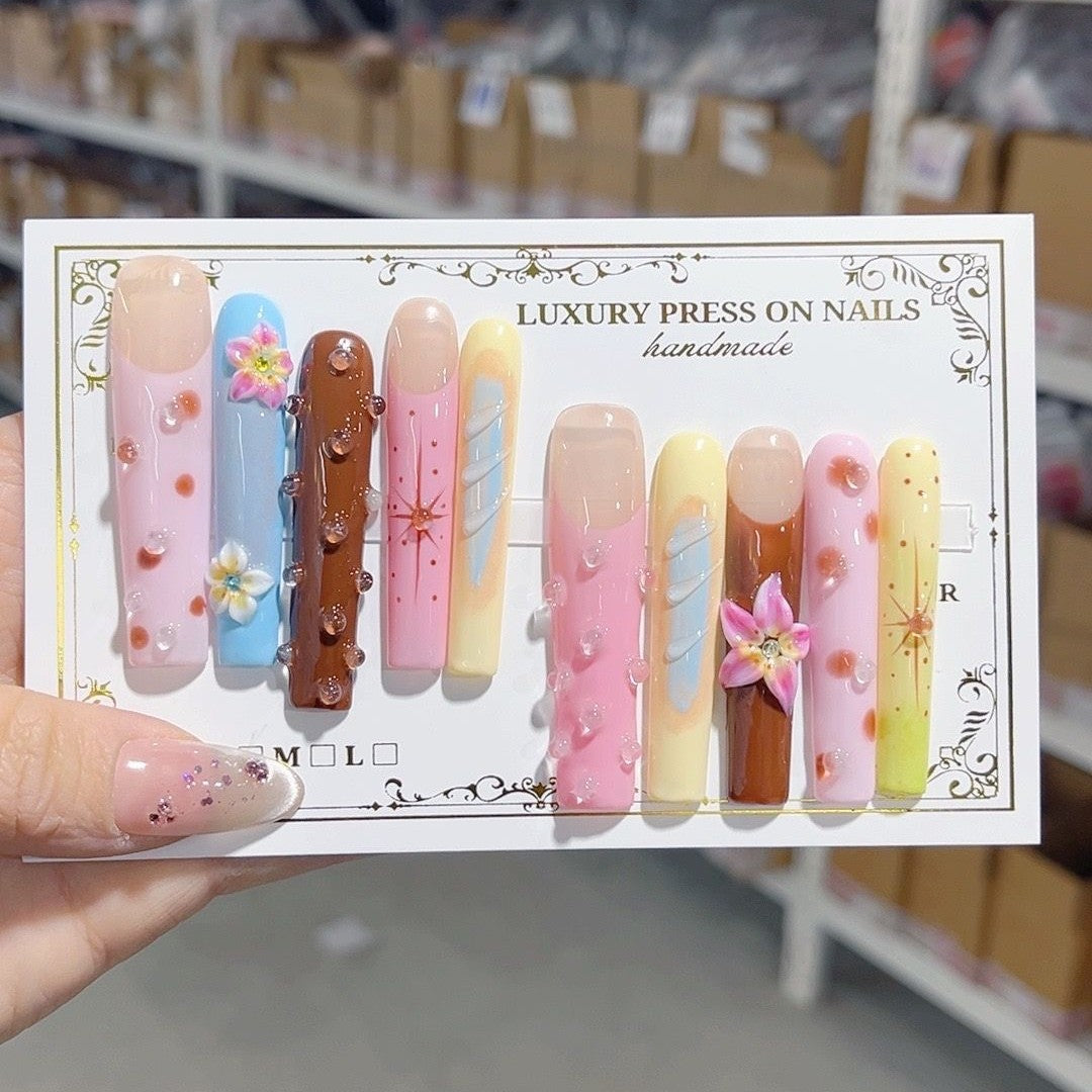 Sweet Amber Floral Gradient Crystal Art Press On Nail Set