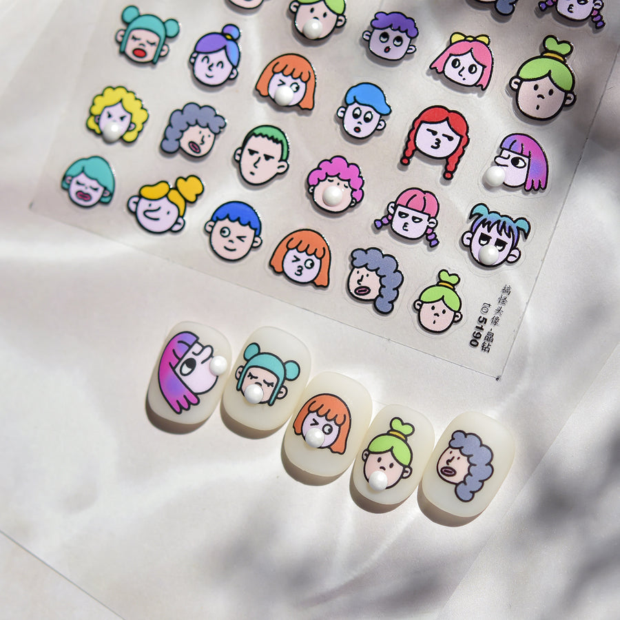 Colorful Cartoon Character Heads: "Playful Chibi Crew" – 5D Embossed Nail Sticker