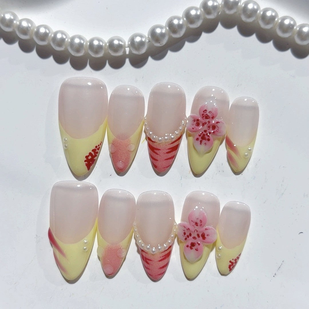 365nails-檸檬櫻桃：「果香花卉」 – 杏仁形 手工製 穿戴甲