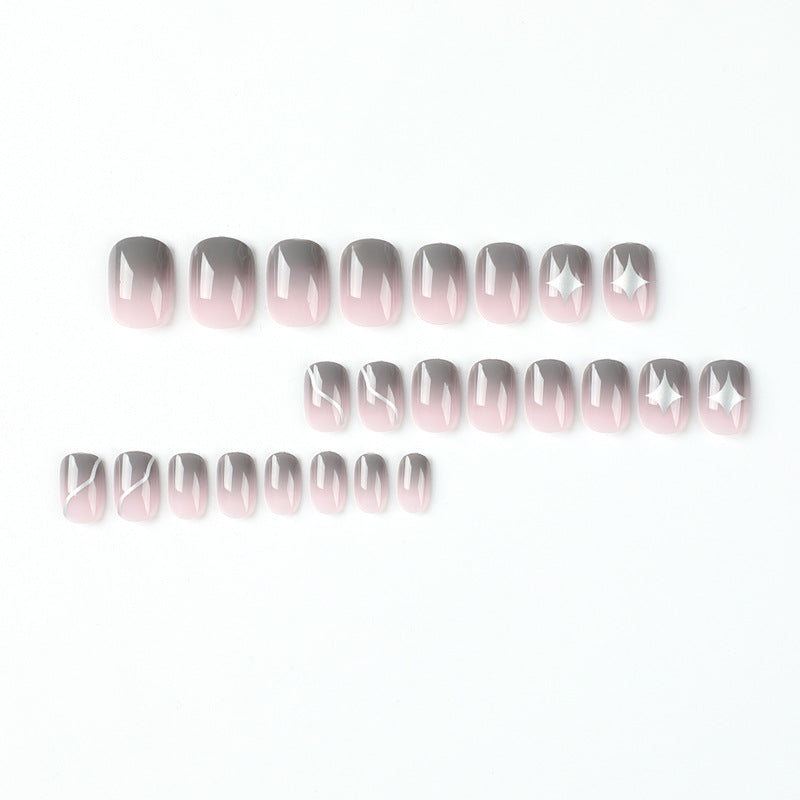 Arte de unhas de pressão finalizada em atacado, pó nu através de mudança gradual de cinza, estrela, manicure, patch, unhas de pressão, peça curta de unhas postiças｜365nails