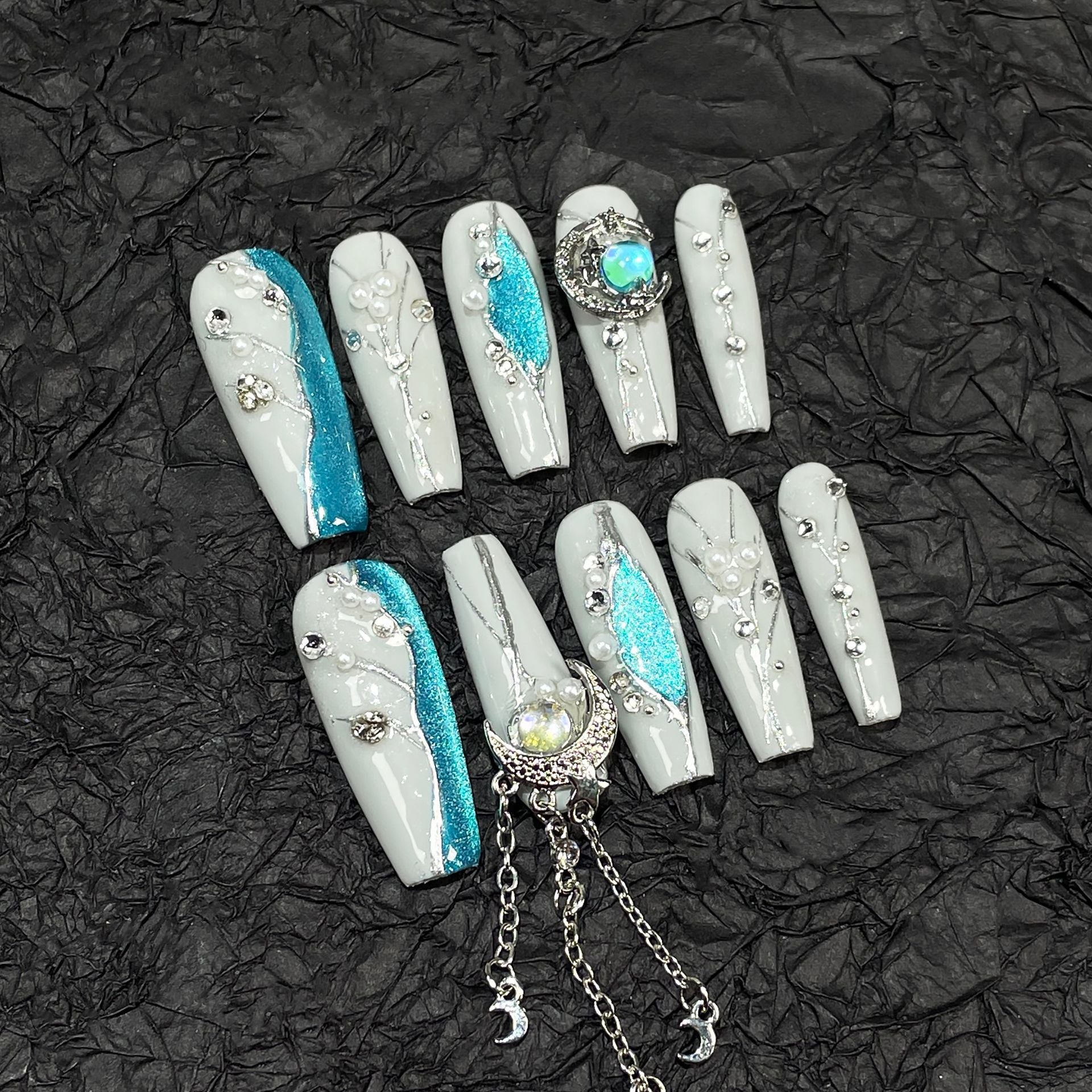 Galaxy Moonlight Nails with Luxe Silver and Celestial Accents
