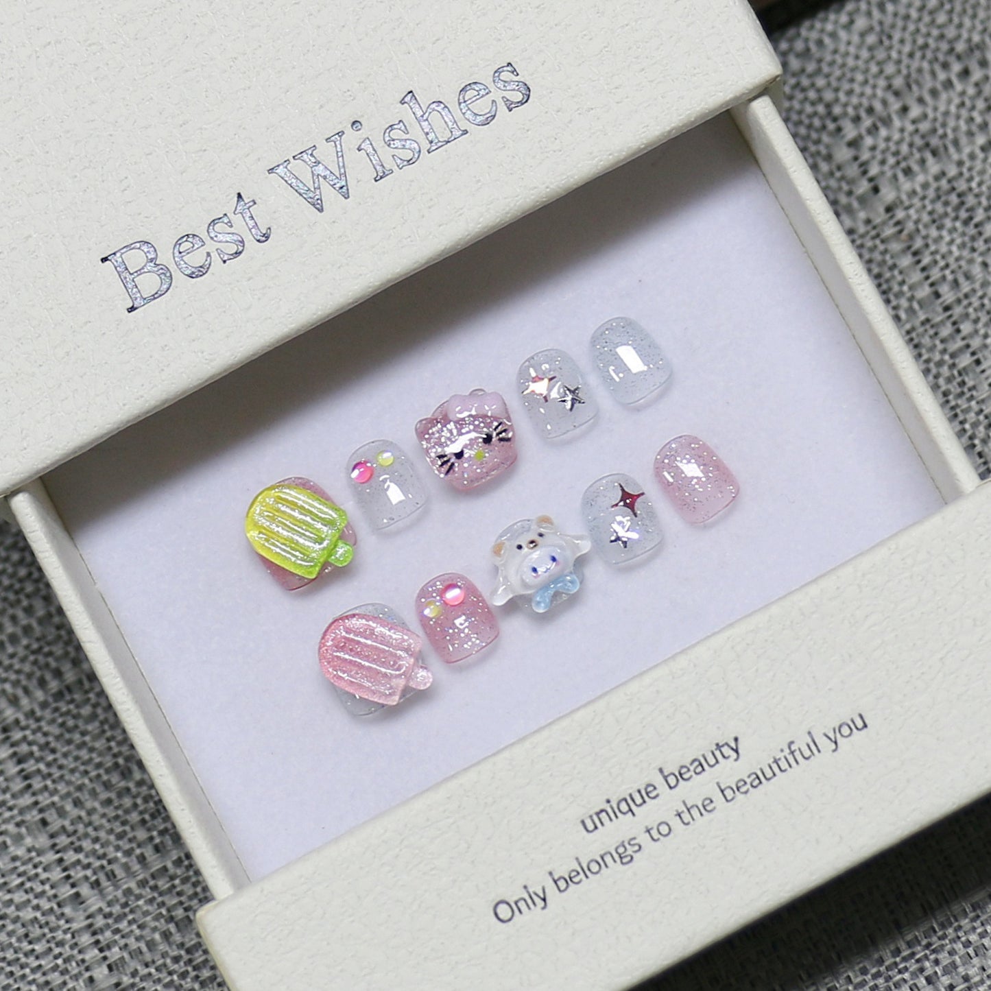 New handmade press-on nails cute cartoon fake nail flakes 3-12 years old