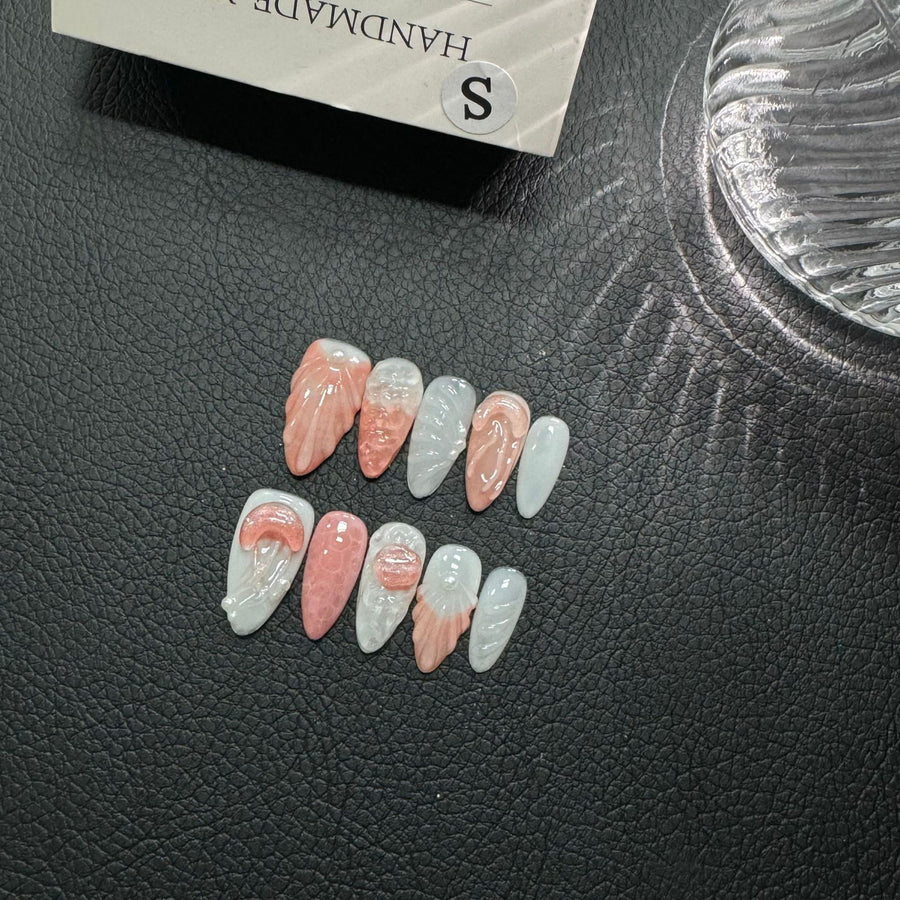 365nails: "Angel's Whisper" – 3D Flower & Marble Handmade Almond Nails