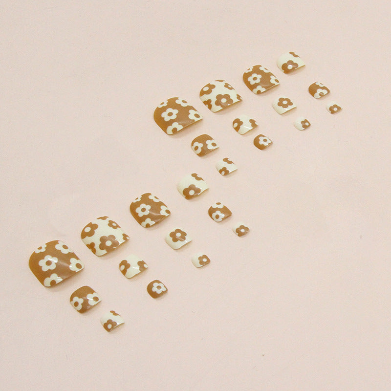 Cute short Press-on toenails nail milk coffee chestnut color complementary flower fake nail summer must wear nail Press-on toenails nail piece｜365nails