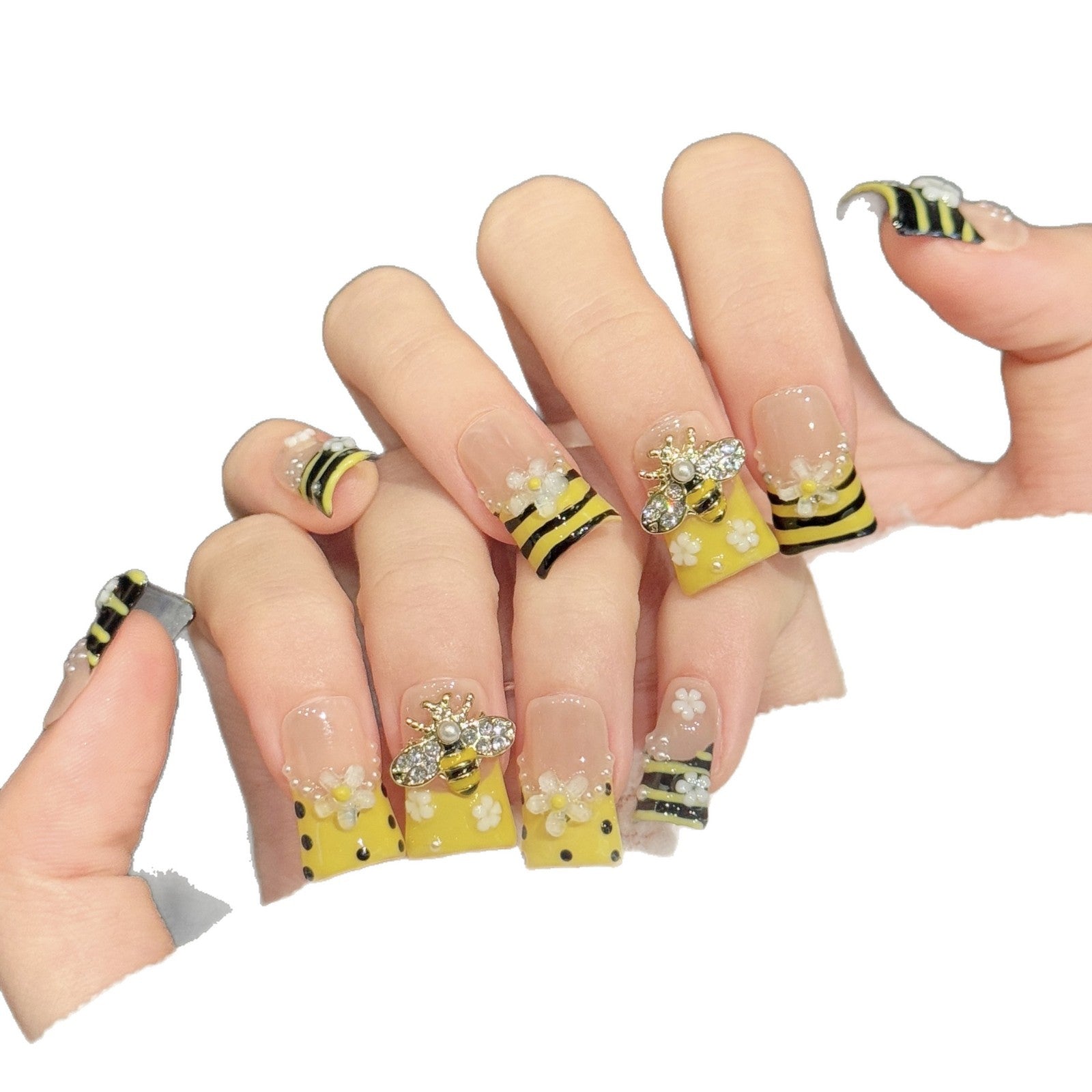 365nails: "바쁜 벌" – 3D 벌 & 꽃 장식 스트라이프 수제 숏 스퀘어형 네일