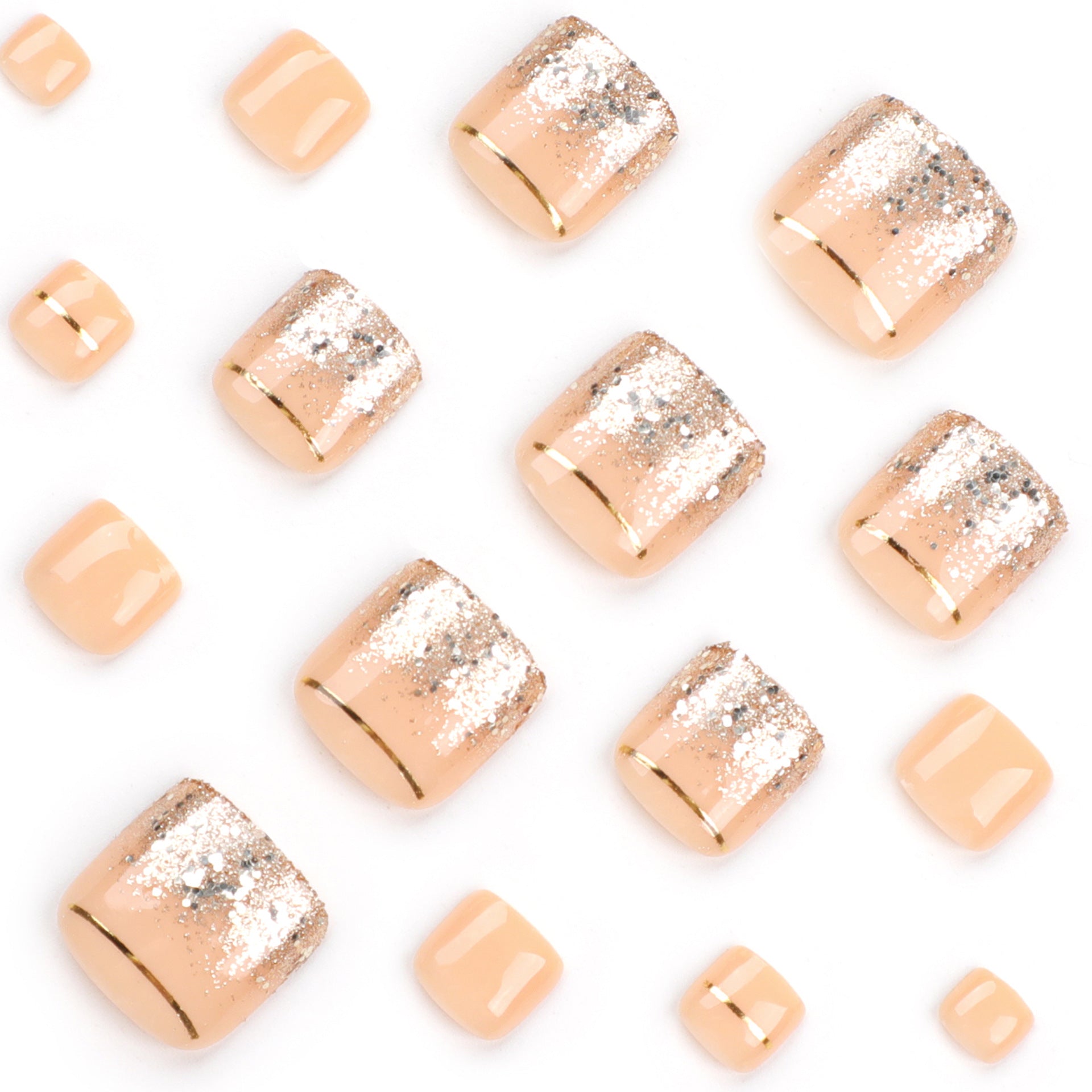 Uñas postizas para pies desnudos, venta al por mayor, línea dorada, para pies, uñas con brillo champán, cambio gradual, arte de uñas para los pies | 365nails