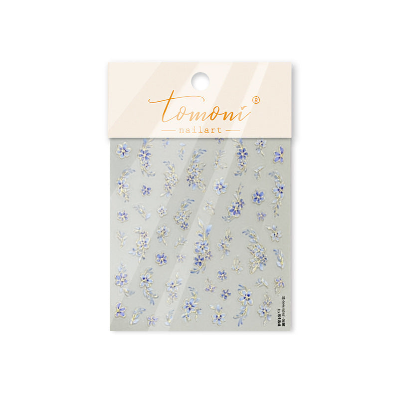 Blue Floral Metallic Collection: "Elegant Cornflower" – 3D Embossed Nail Sticker