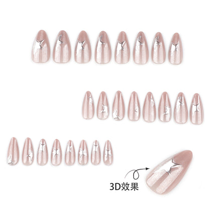 Flash Cat's Eye Short Almond 3D Stereo Silver Star press-on nails