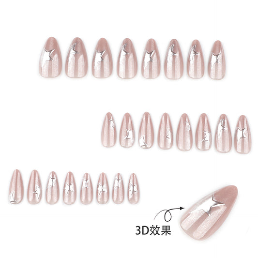 Flash Cat's Eye Short Almond 3D Stereo Silver Star press-on nails